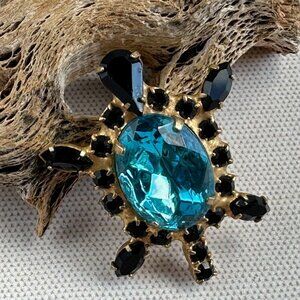 Vintage Turtle Brooch Teal Glass Rhinestones